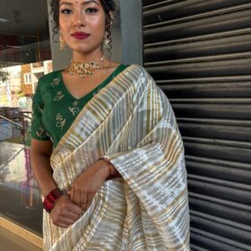 Ivory Striped  Tissue Silk Saree