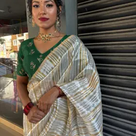 Ivory Chanderi Silk Saree with Woven Zari Stripes