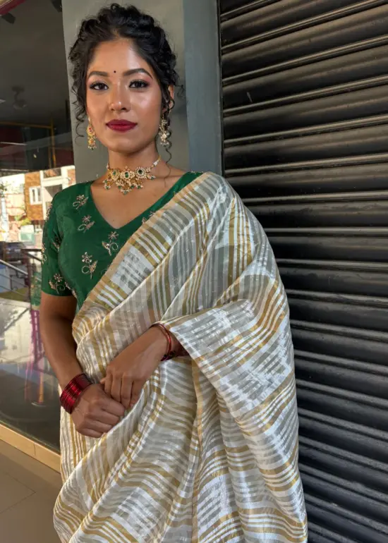 Ivory Chanderi Silk Saree with Woven Zari Stripes