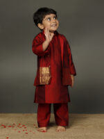 Maroon silk boys kurta With Beautiful Silk Jacket and Pyjama - Image 7