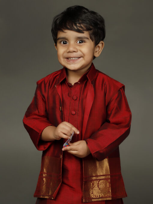 Maroon silk boys kurta With Beautiful Silk Jacket and Pyjama - Image 6