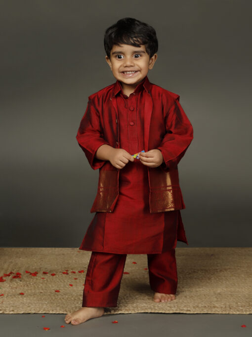 Maroon silk boys kurta With Beautiful Silk Jacket and Pyjama - Image 2