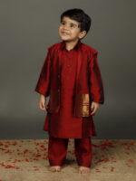 Maroon silk boys kurta With Beautiful Silk Jacket and Pyjama - Image 5