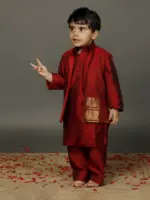 Maroon silk boys kurta With Beautiful Silk Jacket and Pyjama - Image 3
