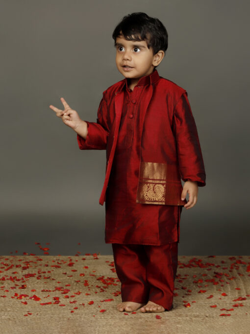 Maroon silk boys kurta With Beautiful Silk Jacket and Pyjama - Image 1
