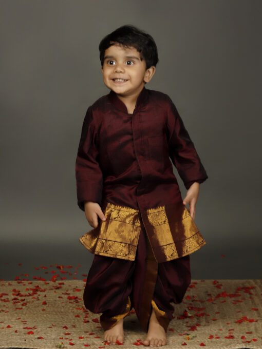 Brown Silk Long Kurta With Silk Dhoti Pants - Image 1
