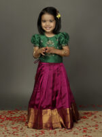 Green embroidered with magenta  silk Pattu Pavadai set - Image 3