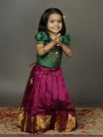 Green embroidered with magenta  silk Pattu Pavadai set - Image 2