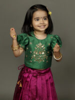 Green embroidered with magenta  silk Pattu Pavadai set