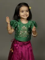 Green embroidered with magenta  silk Pattu Pavadai set