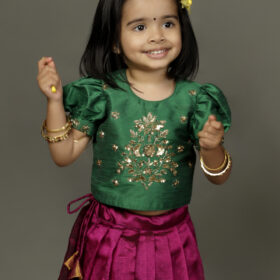 Green embroidered with magenta  silk Pattu Pavadai set