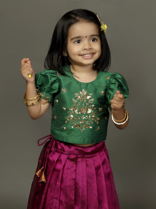Green embroidered with magenta  silk Pattu Pavadai set - Image 1