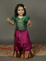 Green embroidered with magenta  silk Pattu Pavadai set - Image 4