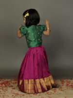 Green embroidered with magenta  silk Pattu Pavadai set - Image 5