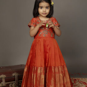 Orange Embroidered Silk Top With Orange Silk Lehenga