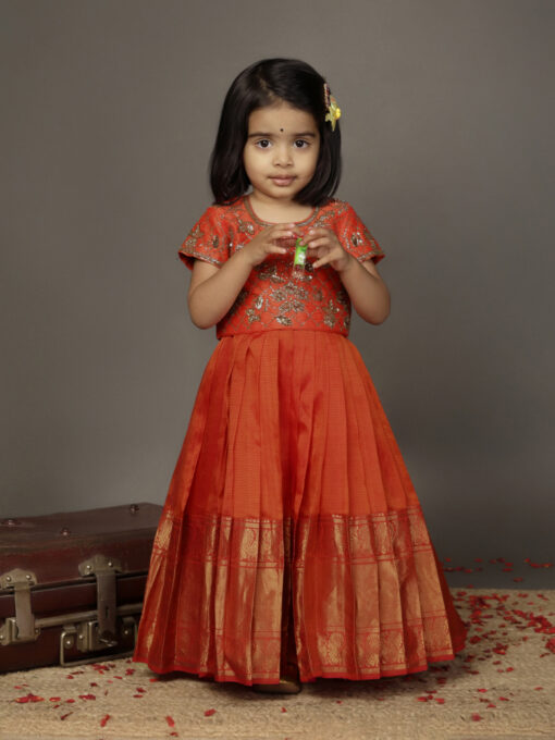 Orange Embroidered Silk Top With Orange Silk Lehenga - Image 1