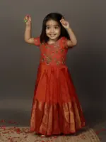 Orange Embroidered Silk Top With Orange Silk Lehenga - Image 3