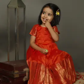 Orange Hanwoven Silk Top With Orange Silk Lehenga