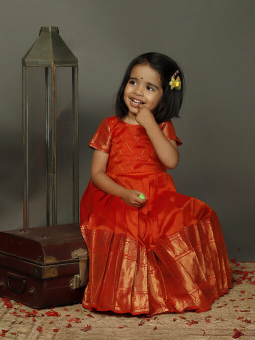 Orange Hanwoven Silk Top With Orange Silk Lehenga - Image 1
