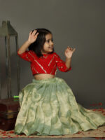 Red Sequence Top With Sea Green Tissue Silk Lehenga - Image 5