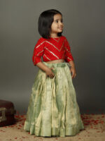 Red Sequence Top With Sea Green Tissue Silk Lehenga - Image 4