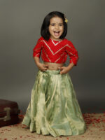 Red Sequence Top With Sea Green Tissue Silk Lehenga - Image 2