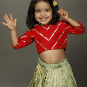 Red Sequence Top With Sea Green Tissue Silk Lehenga