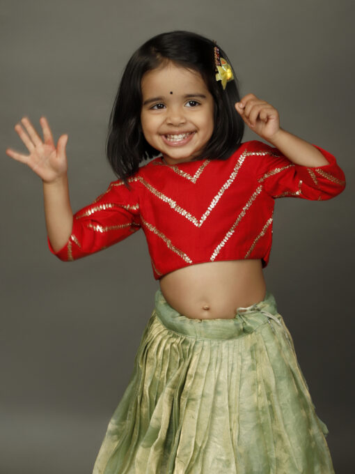 Red Sequence Top With Sea Green Tissue Silk Lehenga - Image 1
