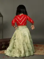 Red Sequence Top With Sea Green Tissue Silk Lehenga - Image 6