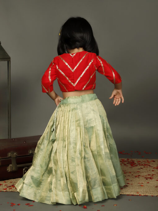 Red Sequence Top With Sea Green Tissue Silk Lehenga - Image 6