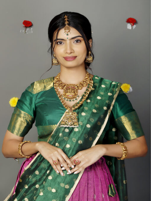 Bottle Green Tissue Silk Dupatta with Gold Zari Buttis - Image 1