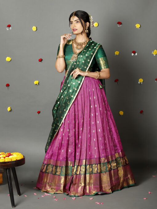 Bottle Green Tissue Silk Dupatta with Gold Zari Buttis - Image 2