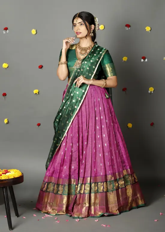 Magenta Silk Lehenga With Tissue Silk Dupatta Set of 3