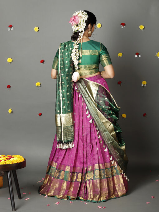 Bottle Green Tissue Silk Dupatta with Gold Zari Buttis - Image 4
