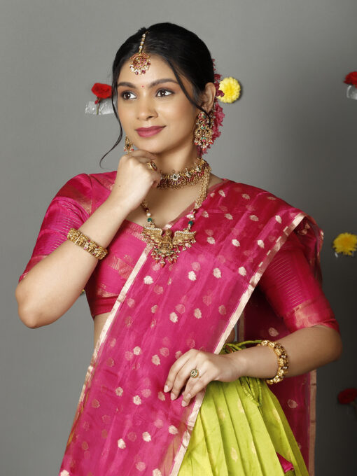 Rani Pink Tissue Silk Dupatta with Gold Zari Buttis - Image 1