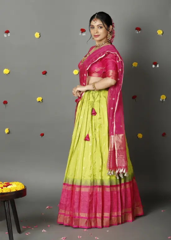 Green Handwoven Silk Lehenga Set of 3
