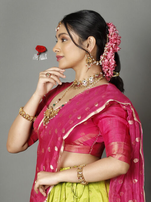 Rani Pink Tissue Silk Dupatta with Gold Zari Buttis - Image 4
