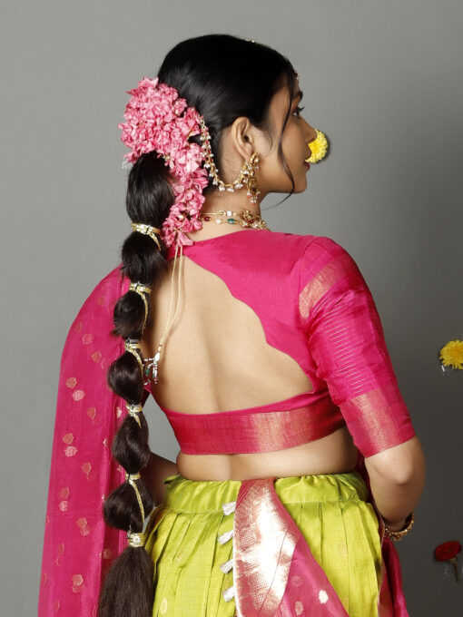 Rani Pink Tissue Silk Dupatta with Gold Zari Buttis - Image 6