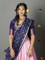 Navy Blue Silk Lehenga With Tissue Silk Dupatta Set of 3 - Image 3
