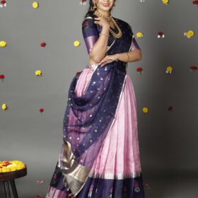 Navy Blue Silk Lehenga With Tissue Silk Dupatta Set of 3