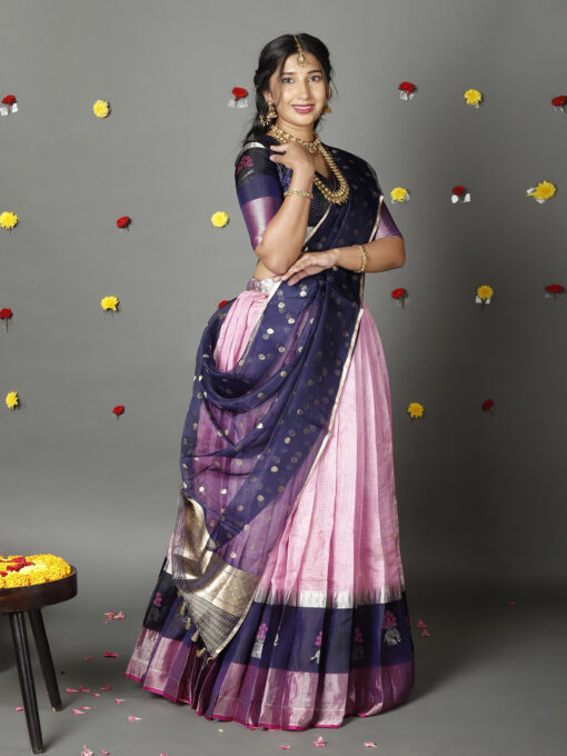 Navy Blue Tissue Silk Dupatta with Gold Zari Buttis - Image 4