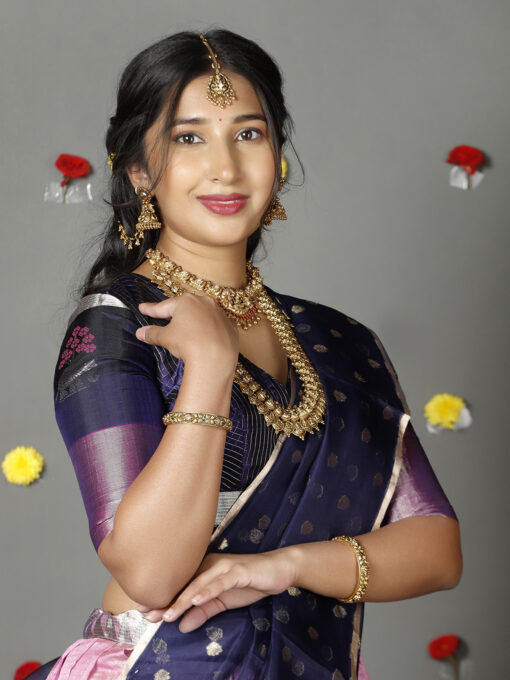 Navy Blue Tissue Silk Dupatta with Gold Zari Buttis - Image 1