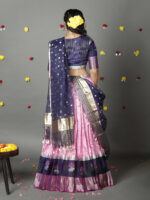 Navy Blue Silk Lehenga With Tissue Silk Dupatta Set of 3 - Image 4