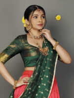 Green Silk Lehenga With Tissue Silk Dupatta Set of 3 - Image 4