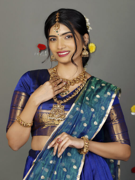 Peacock Dual Tone Tissue Silk Dupatta with Gold Zari Buttis - Image 1