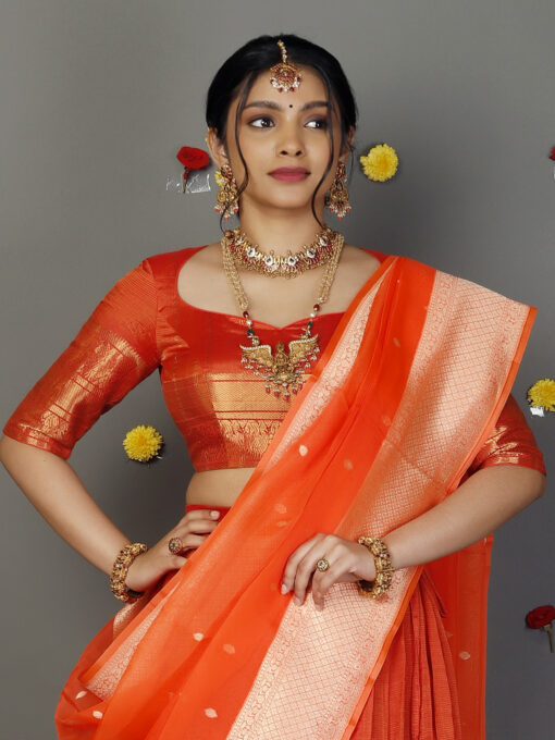 Orange Organza Dupatta with Gold Zari Buttis - Image 1