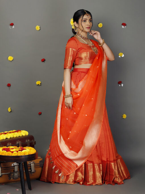 Orange Organza Dupatta with Gold Zari Buttis - Image 3