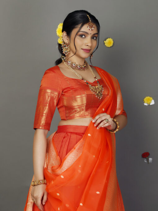 Orange Organza Dupatta with Gold Zari Buttis - Image 6