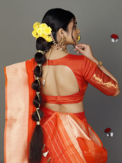 Orange Organza Dupatta with Gold Zari Buttis - Image 4