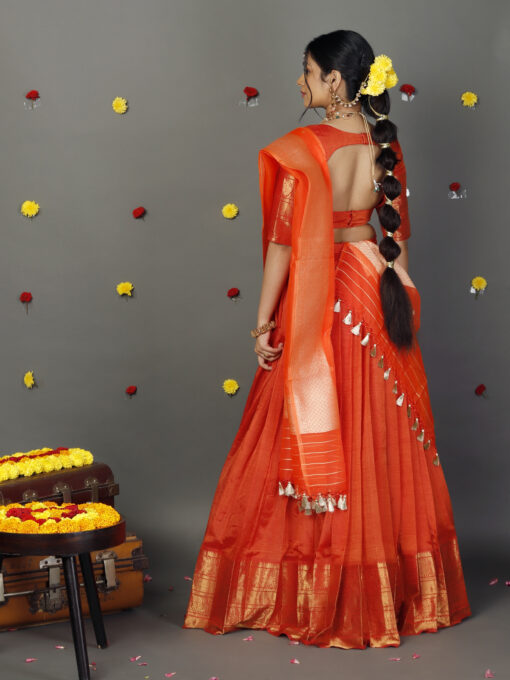 Orange Organza Dupatta with Gold Zari Buttis - Image 5